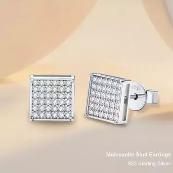 Серьги-гвоздики с муассанитом для женщин, стерлинговое серебро 925 пробы, белое золото, позолоченные бриллианты, роскошные квадратные серьги в стиле хип-хоп, свадебные украшения