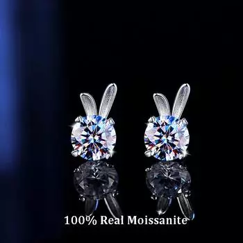 Серьги-гвоздики с настоящим муассанитом цвета D, 1 карат, милый дизайн с нефритовым кроликом, стерлинговое серебро 925 пробы, ювелирные украшения, подарок для женщин 0.5 Carat D Color
