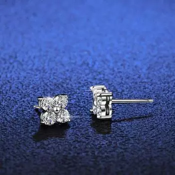 Серьги-гвоздики с настоящим муассанитом и бриллиантами D, цвет, чистое серебро S925, серьги с изображением клевера, свадебные ювелирные украшения для женщин Total 0.8ct