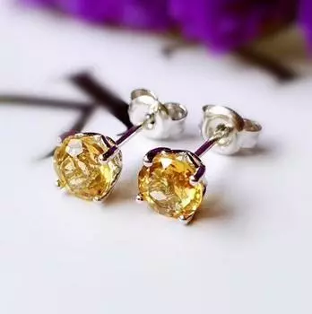 Серьги-гвоздики с натуральным цитрином, серебро 925 пробы, серьги-гвоздики с цитрином