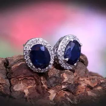 Серьги-гвоздики с натуральным синим сапфиром из стерлингового серебра, серьги-гвоздики с сапфиром и цирконом в стиле ар-деко, изящные минималистичные серьги, свадебные серьги синий