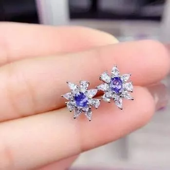 Серьги-гвоздики с натуральным танзанитом, серебро 925 пробы, серьги-гвоздики с танзанитом