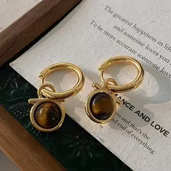 Серьги-гвоздики с натуральным тигровым глазом, простой дизайн, Niche One, серьги для двух ношений, литературные и ретро-серьги Майяра.