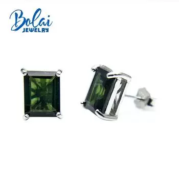Серьги-гвоздики с натуральным зеленым турмалином, стерлинговое серебро 925 пробы, ювелирные украшения