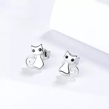 Серьги-гвоздики с очаровательными кошками из стерлингового серебра S925, простые милые корейские серебряные украшения с животными 925