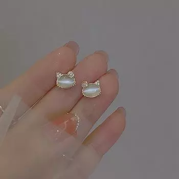 Серьги-гвоздики с опаловым котом, женские милые серьги в виде котенка