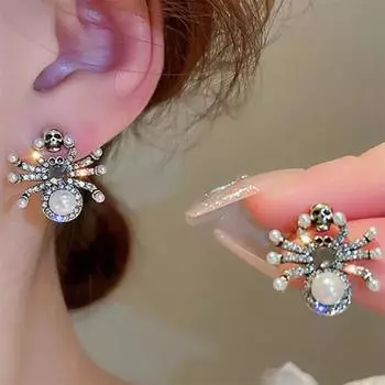 Серьги-гвоздики с подвеской в виде паука из жемчуга и страз в стиле ретро, в стиле панк-готика, металлические серьги-гвоздики в виде черепа для женщин, ювелирные изделия для вечеринок, подарки белый