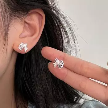 Серьги-пусеты Дизайн против потери Дундымён Милые Девичьи Ажурные Банты Винтовые Серьги-пусеты