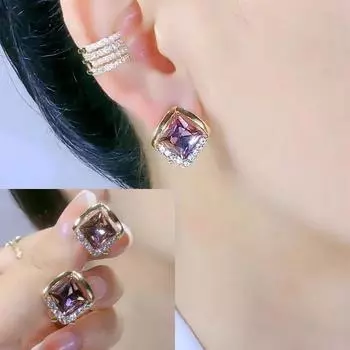Серьги-гвоздики с ромбами и фиолетовыми кристаллами, изысканные серьги с темпераментом, квадратные серьги в японском и корейском стиле