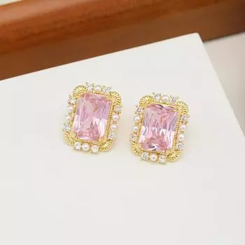 Серьги-гвоздики с розовым квадратным цирконием и жемчужинами, серьги-гвоздики высокого класса, женские легкие роскошные персонализированные серьги. 18K
