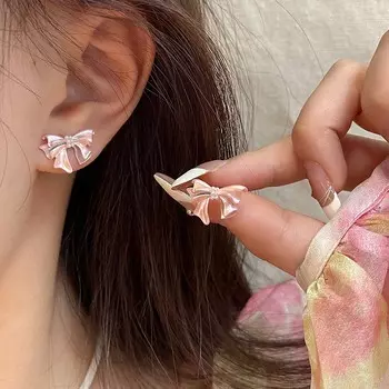 Серьги-гвоздики с розовыми бантиками для женщин, сладкие, изысканные, плиссированные серьги для любви, аксессуары для ушей для мечтательных девушек, модные украшения для вечеринок принцесс