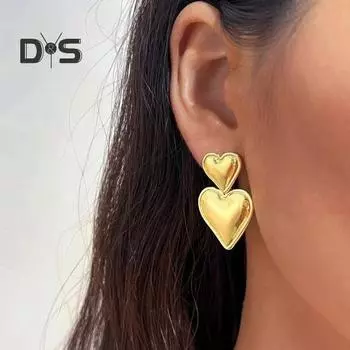Серьги-гвоздики с сердцем любви, золотые серьги-гвоздики с двойным сердцем, висячие серьги с нерегулярным сердцем, модные ювелирные изделия, подарок для мамы, жены золотистый