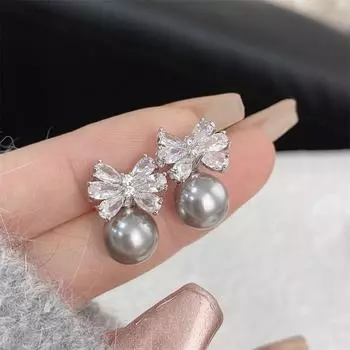 Серьги-гвоздики с серым искусственным жемчугом в форме банта, женственные, легкие, роскошные, простые, корейская версия, серьги из циркония