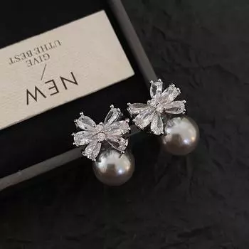 Серьги-гвоздики с серым жемчугом Shijia, бант из циркония в форме капли воды, серьги Niche Design, серьги, высококачественные серьги.
