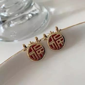 Серьги-гвоздики с символами благословения Нового года, серьги-гвоздики с символами стиля Niche Design Sense, женские серьги Ankela Red Dragon Year Natal Year