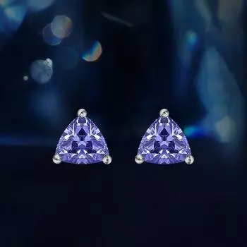 Серьги-гвоздики с танзанитом, женские серебряные треугольные серьги фиолетовый