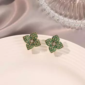 Серьги-гвоздики с зелеными бриллиантами в форме цветка из циркона, легкие, роскошные, модные, высококачественные серьги, женственные, светские серьги 18K