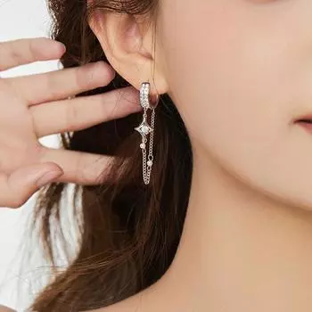 Серьги-гвоздики с жемчугом и четырьмя пуантами, европейские и американские трендовые серьги на длинной цепочке, сетчатые серьги с красной кисточкой и крестом-звездой