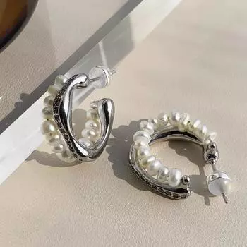 Серьги-гвоздики с жемчугом из рисового зерна, двухслойный дизайн, серьги-кольца с бриллиантами, французский ретро-темперамент, холодные серьги Advanced Sense