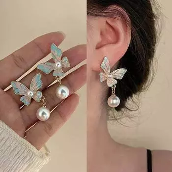 Серьги-гвоздики с жемчужинами-бабочками для женщин, модные изысканные серьги для девушек, модные роскошные серьги, милые французские украшения, подарок на вечеринку