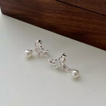 Серьги-гвоздики с жемчужным бантом, женские, из стерлингового серебра 925 пробы, простые, модные, универсальные, серьги с цирконием 925 серебряный