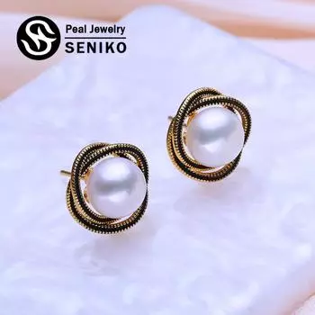 Серьги-гвоздики SENIKO с натуральным пресноводным жемчугом для женщин и девочек, модные серьги-гвоздики золотого цвета с цветком, подарок на день рождения белый