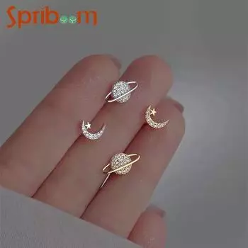 Серьги-гвоздики со звездой и луной из циркона для женщин, асимметрия, серьги с планетой, простые украшения для пирсинга, аксессуары для пирсинга Y2K, подарок для девочек золотой