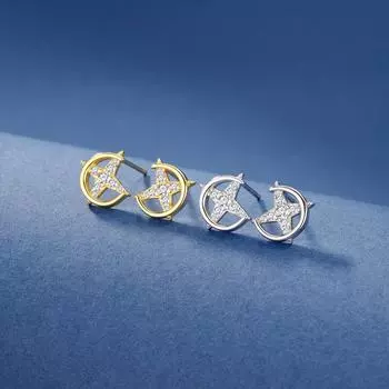 Серьги-гвоздики со звездой и луной из стерлингового серебра 925 пробы, модные мини-серьги с четырехконечной звездой, легкие, роскошные, изысканные, высококачественные серьги-звезды 925 Silver