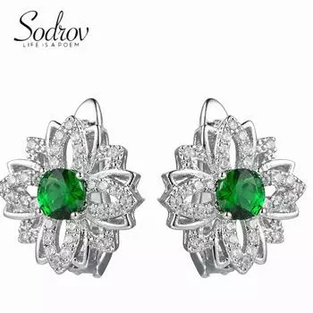 Серьги-гвоздики SODROV с изумрудно-зеленым цирконом