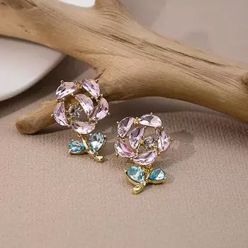 Серьги-гвоздики «Сверкающая роза» с цирконом, модный цветочный дизайн, легкие и нежные розовый
