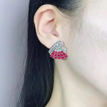 серьги-гвоздики ювелирные изделия из серебра 925 пробы иглы в форме веера красный корунд синяя шпинель женская роскошь темперамент универсальный мода
