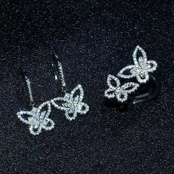 Серьги-гвоздики в форме бабочки с микроинкрустацией из циркона и бриллиантами, трехмерное кольцо-бантик в стиле ретро