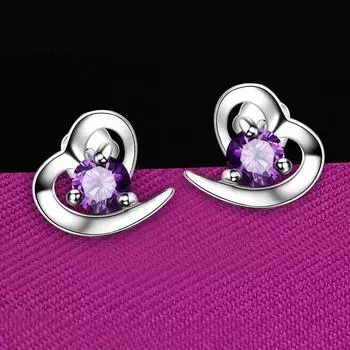 Серьги-гвоздики в форме сердца из стерлингового серебра 925 пробы Популярные модные серьги-гвоздики из стерлингового серебра Серебряные серьги 925 фиолетовый