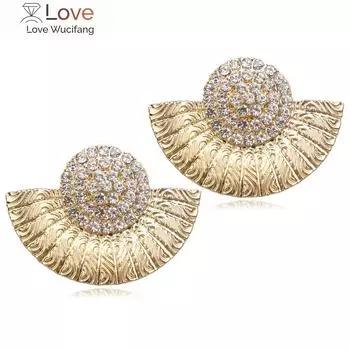 Серьги-гвоздики в форме веера из сплава со стразами в винтажном стиле для женщин, модные ювелирные изделия, металлические серьги золотого цвета