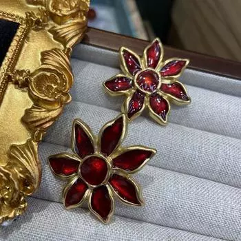 Серьги-гвоздики в стиле ретро с каплями эмали и красным цветком, серьги, серьги из настоящего золота с медным покрытием, сохранение цвета