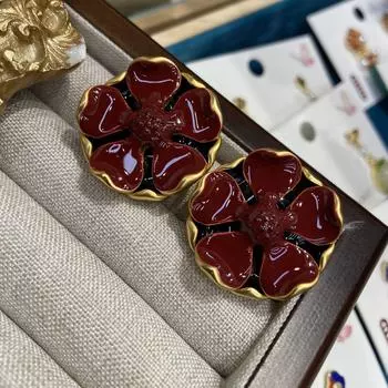 Серьги-гвоздики в стиле ретро в стиле Гонконг с эмалевой капельной глазурью бордового цвета с цветами, серьги-иглы из серебра 925 пробы Ancola red premium sense