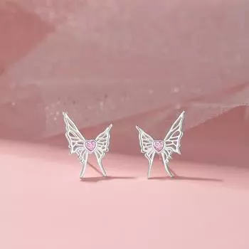 Серьги-гвоздики в виде бабочек, женские простые розовые бриллиантовые серьги Love, персонализированные серьги в корейском стиле Sweet and Cool Girl Wind, серьги из циркония, осень