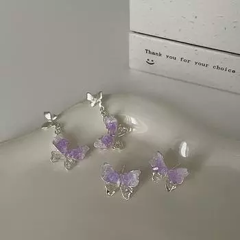 Серьги-гвоздики в виде бабочки из матового металла с фиолетовым цирконием и кристаллами, женские, нишевые, индивидуальные, универсальные, темпераментные, модные серьги