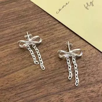 Серьги-гвоздики в виде банта женские осенне-зимние простые модные серьги с бахромой на цепочке темперамент для поездок на работу