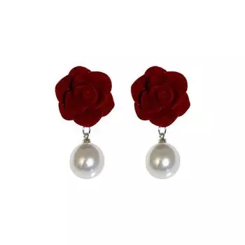 Серьги-гвоздики в виде бархатных роз винного цвета, темпераментные жемчужные ретро-серьги One Size красный