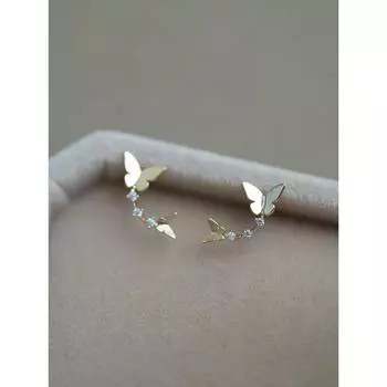 Серьги-гвоздики в виде двойной бабочки из стерлингового серебра S925 для женщин, изогнутые серьги с микроинкрустацией в стиле танцевальной ниши 925