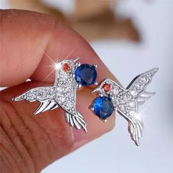 Серьги-гвоздики в виде колибри белого и голубого циркона для женщин и девочек, милые серебряные украшения в виде животных серебряный/синий