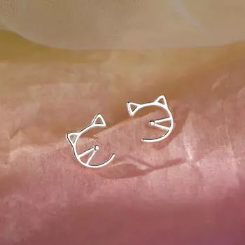 Серьги-гвоздики в виде кота для девушек из Японии и Кореи, маленькие, свежие и милые полые серьги в виде котенка Ins Wind серебряный