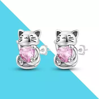 Серьги-гвоздики в виде милой кошки розового цвета с фианитами и серебряным узором для женщин, подарок на годовщину