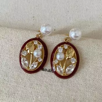 Серьги-гвоздики в винтажном стиле с красными каплями масла и тюльпанами, женские модные универсальные серьги в стиле High Sense