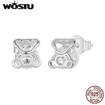 Серьги-гвоздики WOSTU из стерлингового серебра 925 пробы с медведем и цирконом для женщин и девочек, изящные ювелирные изделия, вечерние, повседневные, свидания, прекрасный подарок SCE1764