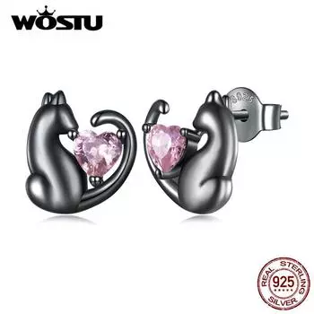 Серьги-гвоздики WOSTU из стерлингового серебра 925 пробы с черным кошачьим сердцем и розовым цирконием для женщин, милые клипсы для домашних животных, серьги с котенком, подарок на день рождения