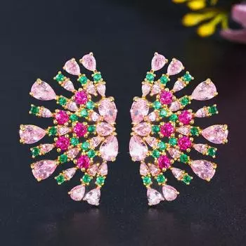 Серьги-гвоздики WWJ Boho с цирконием в форме веера золотого цвета разноцветный