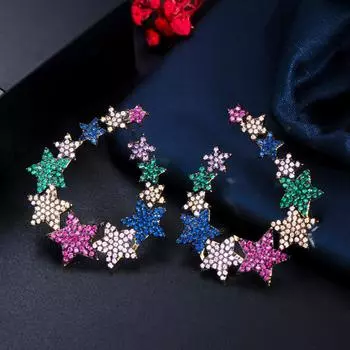 Серьги-гвоздики WWJ с кубическим цирконием в форме звезд и радуги разноцветный