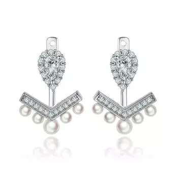 Серьги-гвоздики, женские модные, легкие, роскошные, свисающие сзади, жемчужные серьги, простые, с V-образной инкрустацией, с короной из циркония 925 Silver белого золота